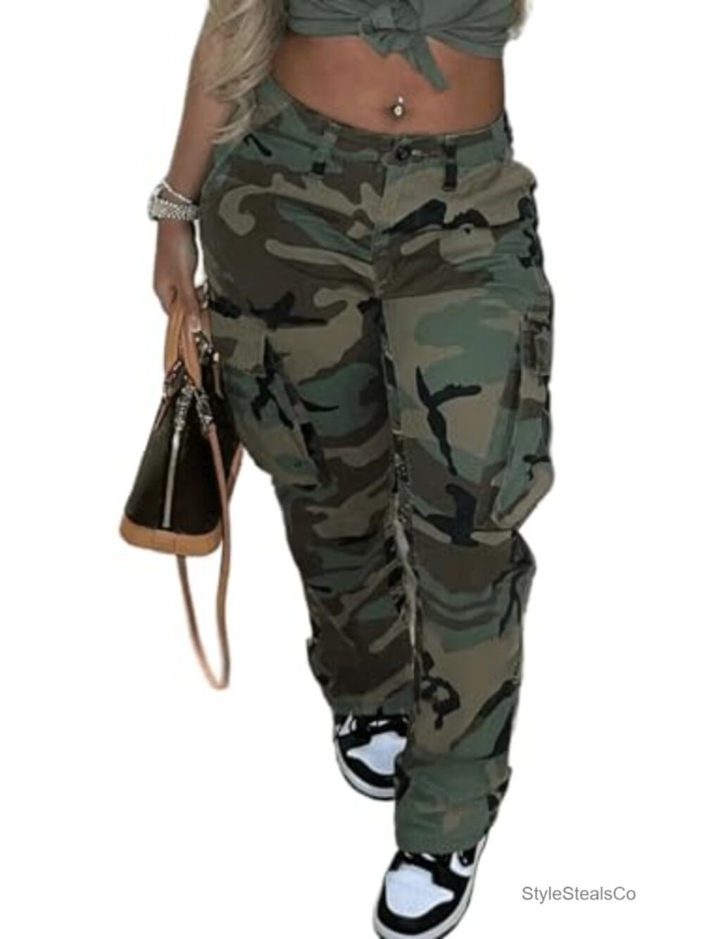 Women Plus Size Cargo Camo Pants Baggy High Waisted Joggers with Pockets